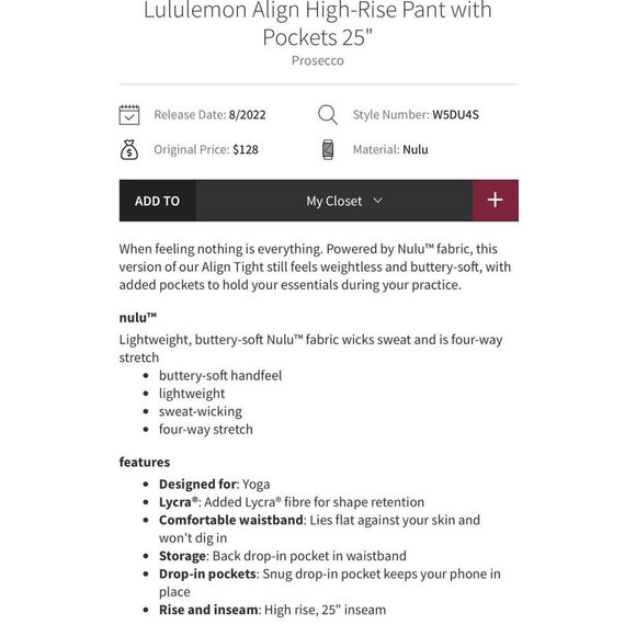 ❤️ Lululemon double layers Align Highrise 25” leggings with pockets, Cream, Size - Picture 4 of 14